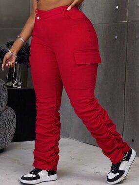 Plus Size Women Red Denim Elastic Pants